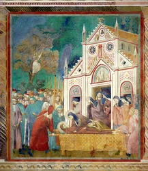 Die Heilige Klara umarmt den Leichnam des Heiligen Franziskus im Kloster San Damiano, 1297-99